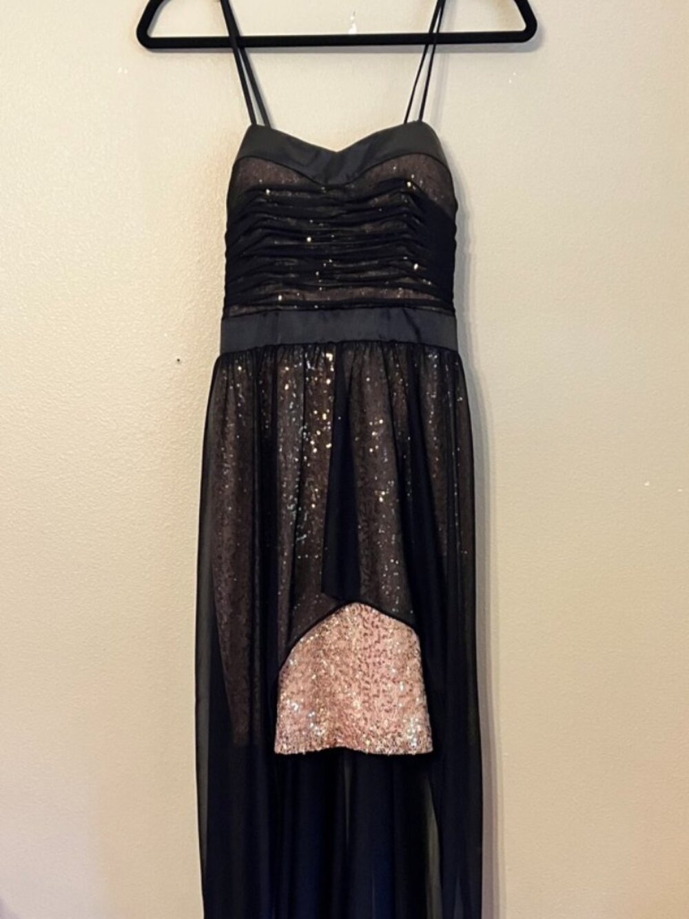 Black & Rose Gold Sequin High-Low Sweetheart Dress